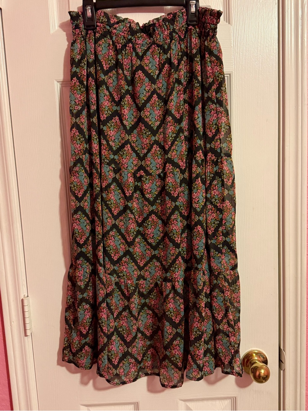 LC Lauren Conrad Black Maxi Skirt with Pink and Green Floral Motif